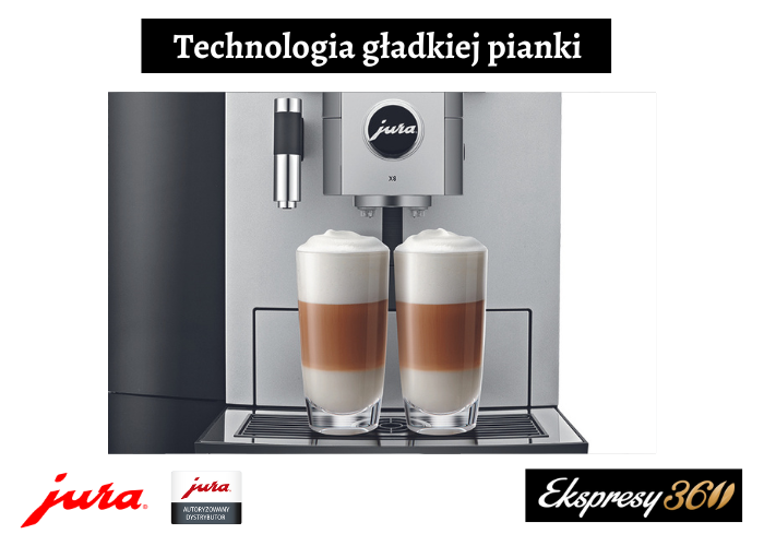 Ekspres do kawy Jura X8 przygotowujący dwa Latte z technologią gładkiej pianki