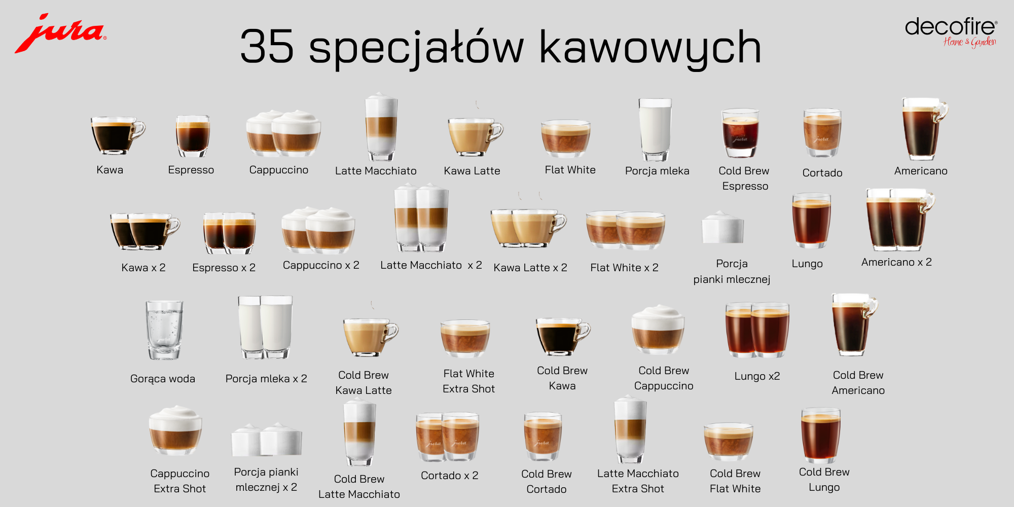 35 specjałów kawowych dostępnych w ekspresie Jura X10