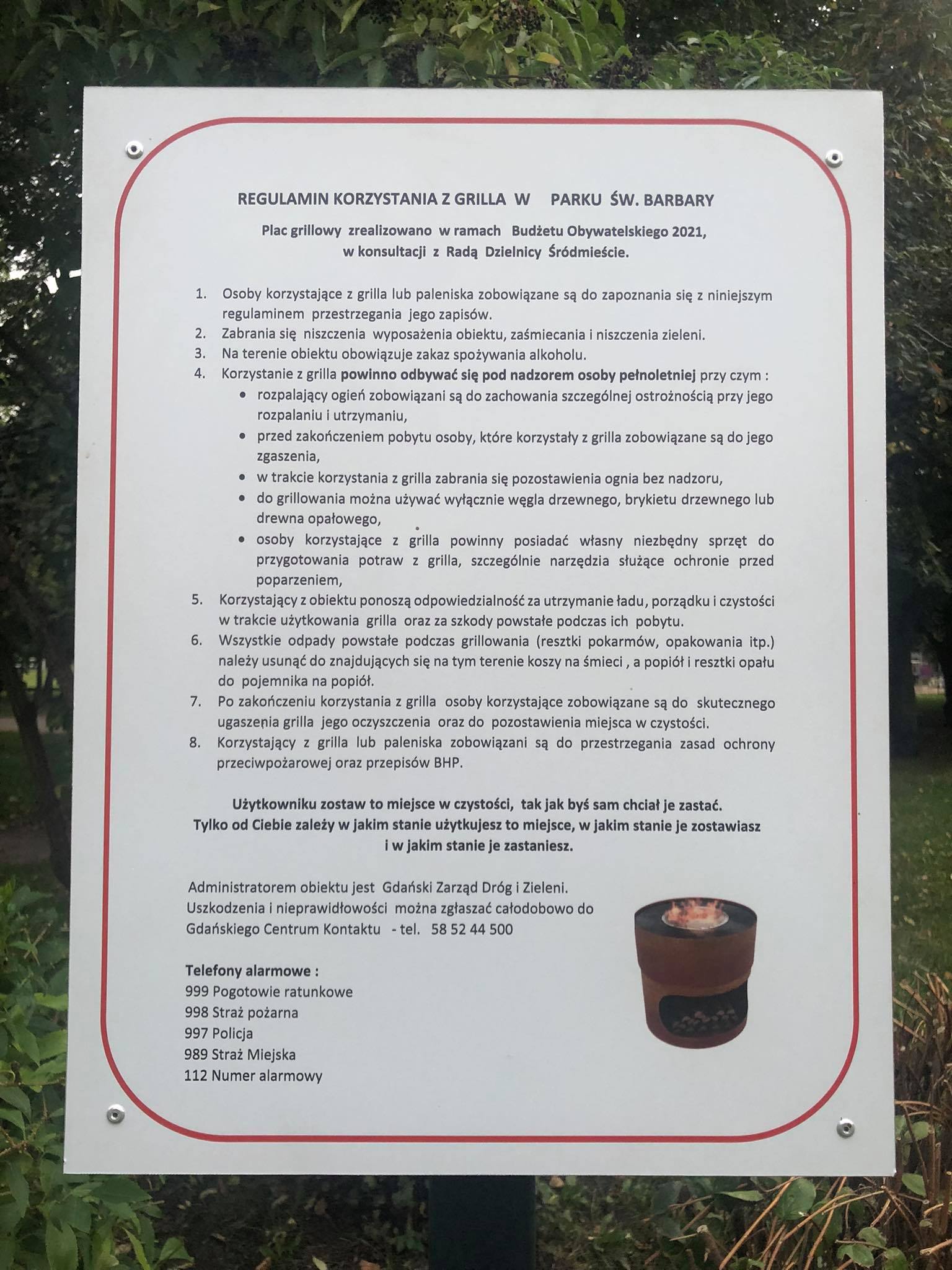 Regulamin placu grillowego w parku św Barbary w Gdańsku
