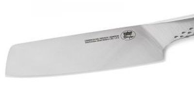 Nóż posiada długie ostrze ze stali nierdzewnej, na którym widnieje logo marki Weber.